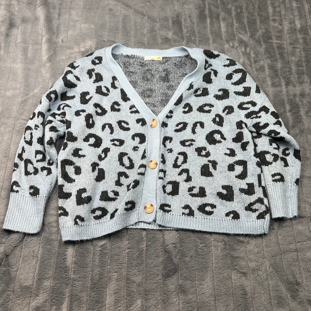 C&C California Women 1X Leopard Print Cardigan Sweater Blue Black V-Neck Knit